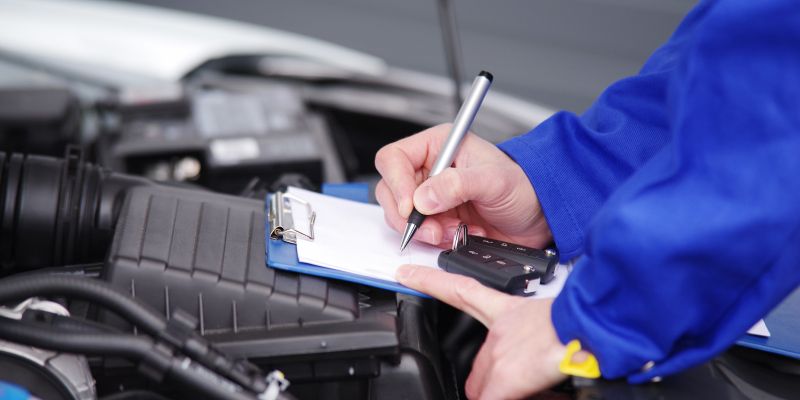 Ein Mann kontrolliert einen Automotor und schreibt etwas auf